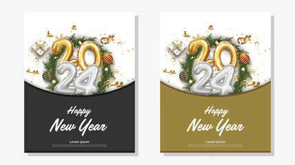 2024 Happy new year. realistic balloon 2024 numbers background. set of 2024 Brochure design template, card, banner.