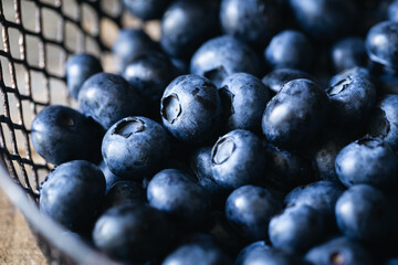 Close-up, ripe fresh blueberries in a metal basket, soft focus.
