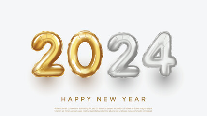 2024 Happy new year. realistic gold and silver balloon numbers decoration.
