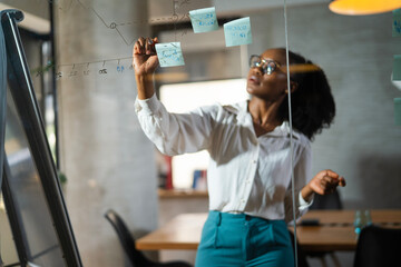 Businesswoman in conference room. Young African businesswoman making a business plan. Woman writing on the glass board in office.