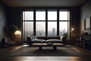 Interior of a dark living room with a carpeted floor and a coffee table. window with a view of the towers. mockup blank wall with copy space. Generative AI