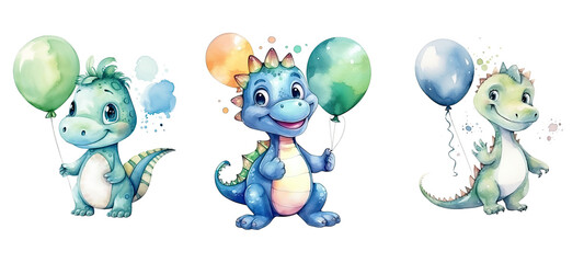 animal cute dino with air balloon watercolor ai generated
