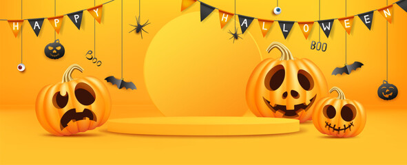 Podium or scene and orange cartoon character, holiday halloween pumpkins, with joyful smiling emotions, jack o lanterns for party.