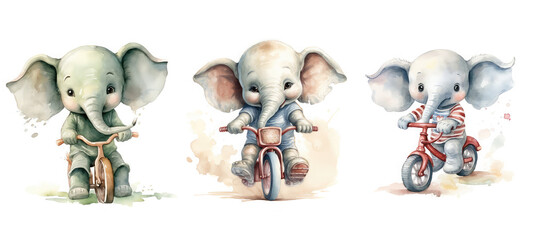 bicycle cute elephant on bike watercolor ai generated - obrazy, fototapety, plakaty