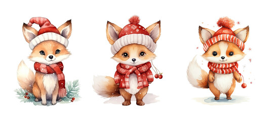 character cute fox in christmas cloth watercolor ai generated