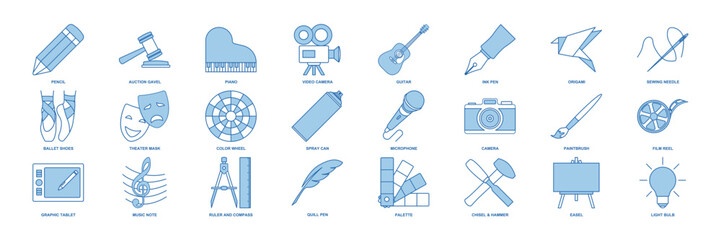 Art icon set, Design and drawing symbols collection, logo illustrations, art and entertainment signs pictograms package isolated vector illustration