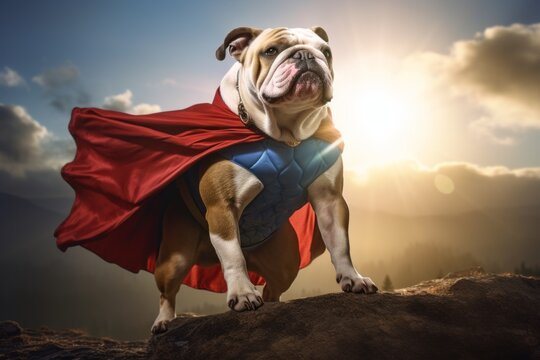 Playful image of a bulldog wearing superhero clothes. Beautiful illustration picture. Generative AI