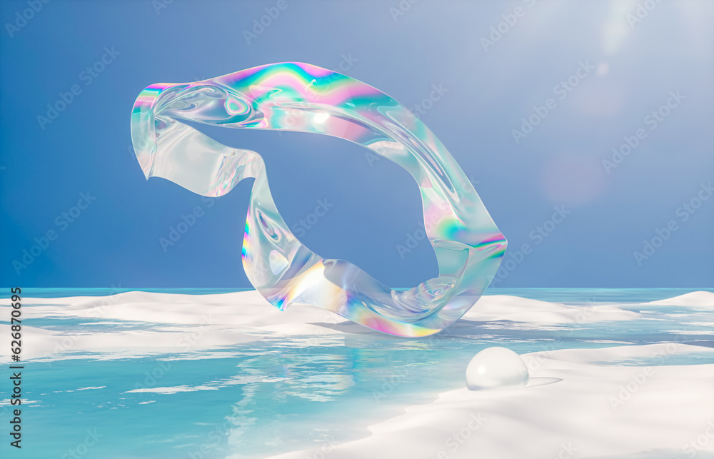 Poster abstract winter landscape scene with holographic iridescent glossy cloth. 3d rendering