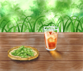Barley tea and green soybeans placed on the porch drawn with digital watercolor