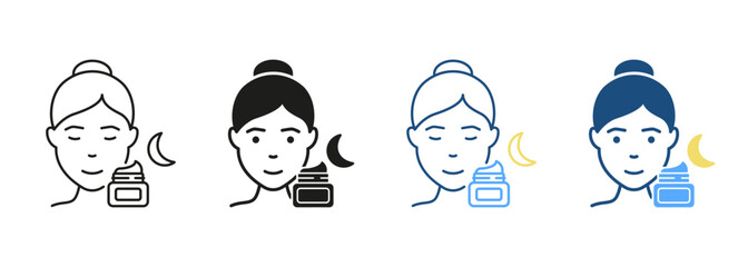 Moisturizing Night Cream for Skin Line and Silhouette Black Icon Set. Woman Uses Cream, Gel, Foam, Mousse or Soap Pictogram. Skincare Symbol Collection. Isolated Vector Illustration