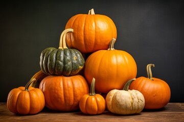 Stack of rustic pumpkins in different sizes. Beautiful illustration picture. Generative AI