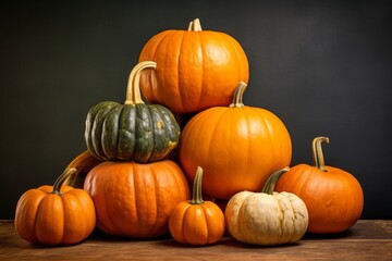 Obraz premium Stack of rustic pumpkins in different sizes. Beautiful illustration picture. Generative AI