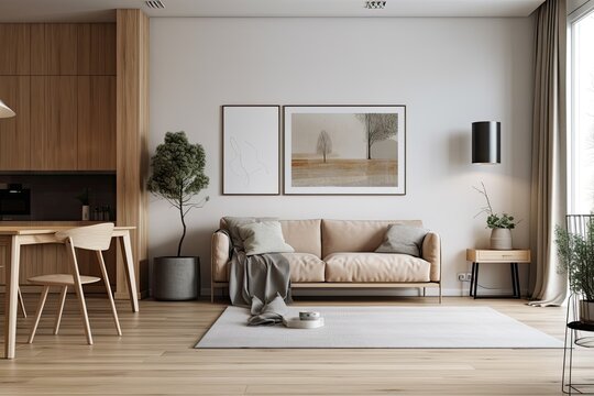 Interior of a living room with pale wooden walls, a kitchen counter to the left of a gray sofa, and an armchair with a horizontal poster on the wall. Generative AI