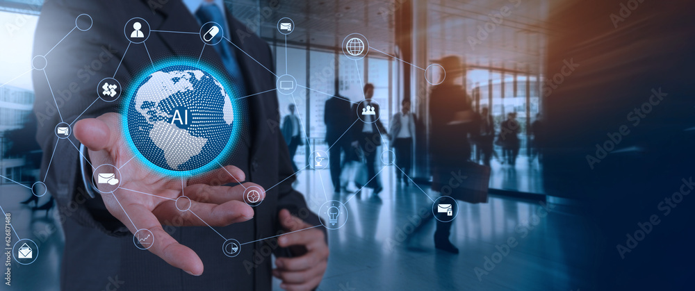 Poster artificial intelligence, ai marketing, businessman use smart of software and technology of ai for se