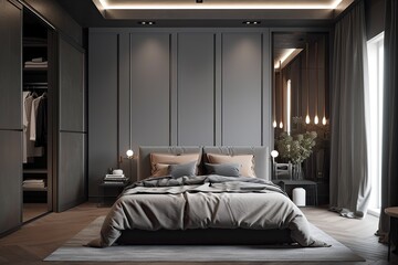 Interior of a luxurious gray bedroom with a king sized bed and a closet in the distance. a mockup. Generative AI