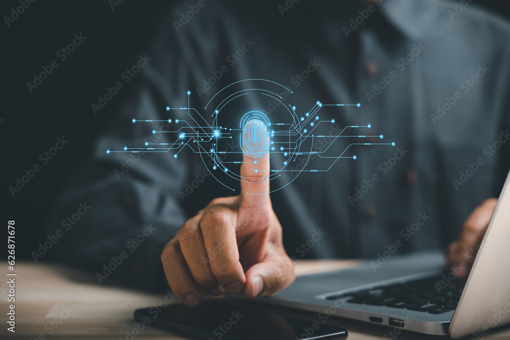 Poster biometric fingerprint scanner unlocking the future of access control. pointing finger on a digital s