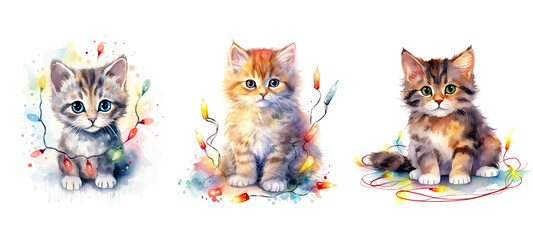cat cute kitty in christmas lights watercolor ai generated
