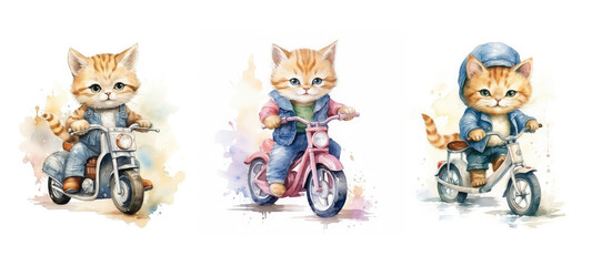 Fototapeta premium baby cute kitty on bike watercolor ai generated