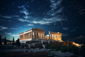 Obraz premium Acropolis, under the starry sky, Parthenon illuminated, Olympus cityscape