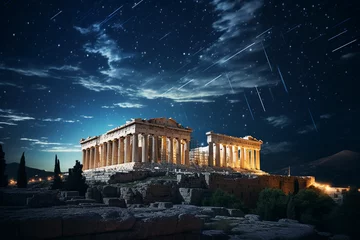 Fotobehang Acropolis, under the starry sky, Parthenon illuminated, Olympus cityscape © Marco Attano
