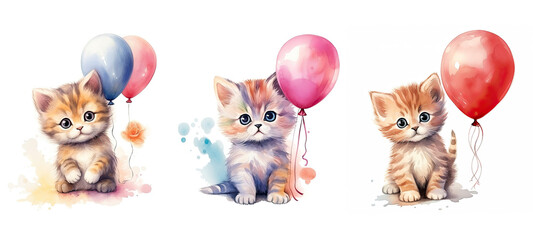 funny cute kitty with air balloon watercolor ai generated - obrazy, fototapety, plakaty