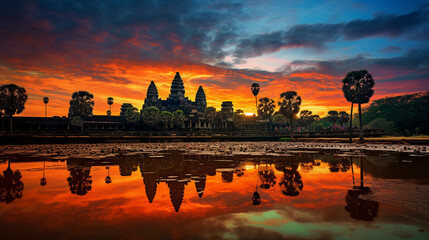 Fototapeta premium Angkor Wat, highly detailed, silhouette during sunrise, vibrant sky, ancient stone carvings