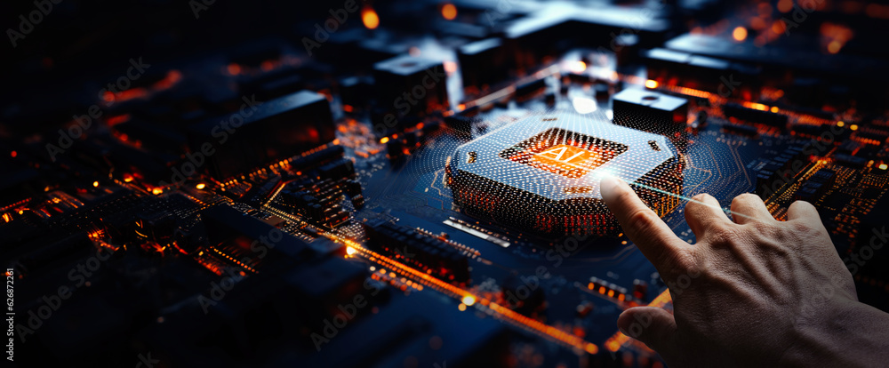 Poster artificial intelligence ai circuit board in shape electronic pcb circuit icon symbol on businessman 