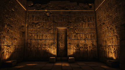 hieroglyphs on the walls of the Karnak Temple in Egypt, glowing under torchlight, contrast against...