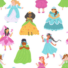 Seamless pattern with pretty multi ethnic princesses, fairy tale girls in beautiful dresses vector fashion illustration