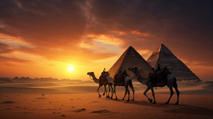 Great Pyramids of Giza at sunset, camels resting nearby, ancient sandstone warmed by the setting sun