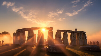 Stonehenge at summer solstice, sun rising behind the stones, soft mist, atmospheric