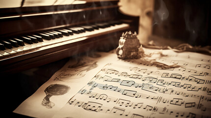 A music composer's handwritten score, calligraphy ink pen, crumpled sheets of music paper, vintage,...
