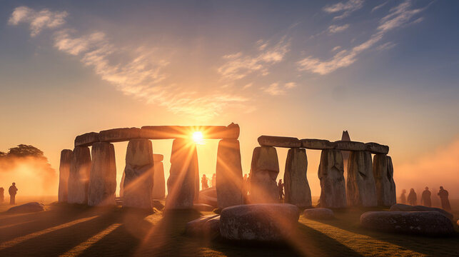 Stonehenge At Summer Solstice, Sun Rising Behind The Stones, Soft Mist, Atmospheric