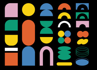 Set of icons in Candy Playful Brutalist style on black background. Bauhaus colors: yellow, green, red, blue. Bold lines simple