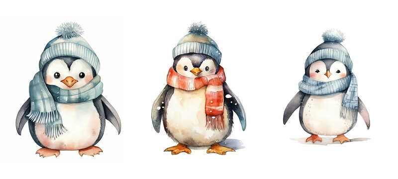 character cute penguin in winter cloth watercolor ai generated