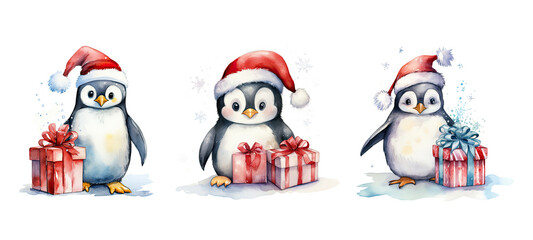 winter cute penguin with christmas gift watercolor ai generated - obrazy, fototapety, plakaty