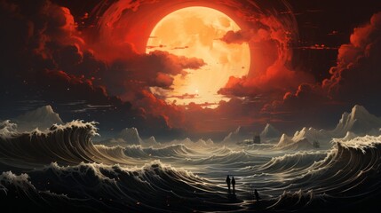 Anime image of an ocean scene with two people. Beautiful illustration picture. Generative AI