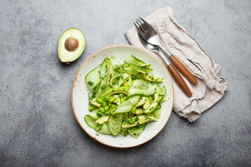 Healthy vegan green avocado salad bowl with sliced cucumbers, edamame beans, olive oil and herbs on ceramic plate top view on grey stone rustic table background