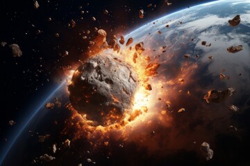 Asteroid crashing into Earth. Beautiful illustration picture. Generative AI