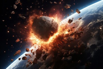 Asteroid crashing into Earth. Beautiful illustration picture. Generative AI