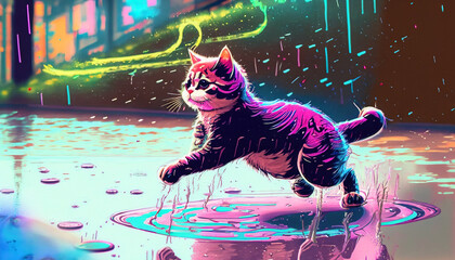 neon color cat playing