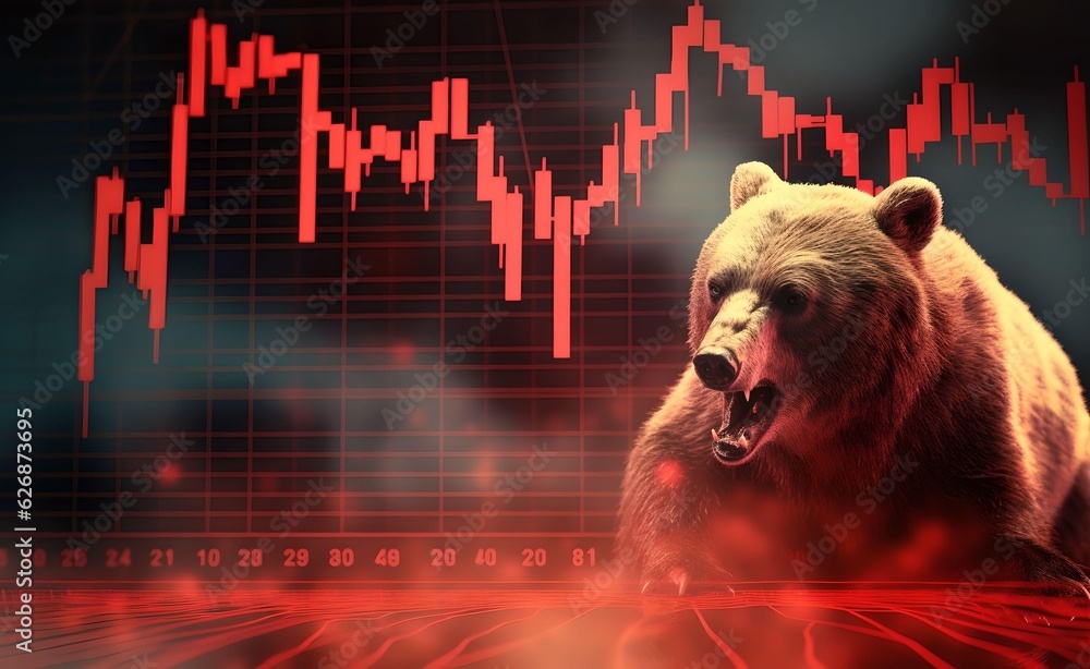 Poster bear market concept with stock chart digital numbers crisis red price drop arrow down chart fall. bi