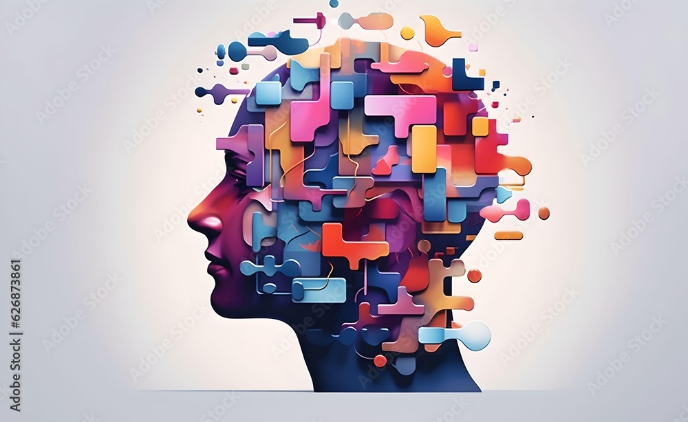 Poster puzzle concept with a person's head. style of bright color blocks. generative ai.