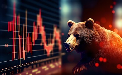 Bear market concept with stock chart digital numbers crisis red price drop arrow down chart fall. Bitcoin and Stock Exchange. Generative AI.	