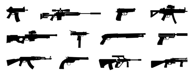 Weapon silhouette collection. Set of black weapon silhouette in side view. Weapon, shotgun, rifle, sniper rifle, gun - obrazy, fototapety, plakaty