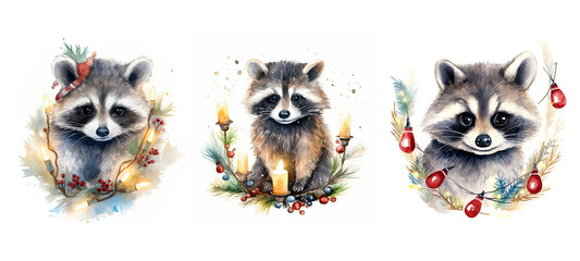 face cute raccoon in christmas lights watercolor ai generated