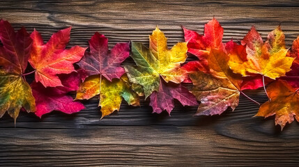 Naklejka na ściany i meble Colorful autumn leaves on a wooden background, generative AI.