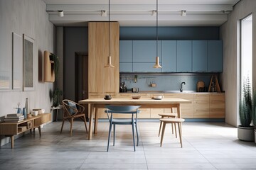 Interior of a white and wooden kitchen with blue cupboards, concrete flooring, a wooden table, and gray armchairs. a mockup. Generative AI