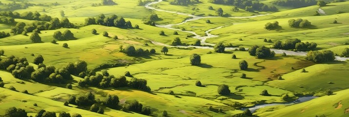 Green meadow photo realistic illustration - Generative AI.