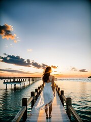 Kobieta w białej sukience stoi na molo i podziwia zachód słońca